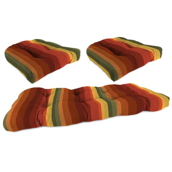 Jordan Manufacturing 3-Piece Islip Cayenne Maroon Stripe Tufted Outdoor Cushion Set with 2 Wicker Seat Cushions and 1 Wicker Bench Cushion