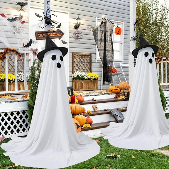Dserhfy 55" Solar Ghost Light for Halloween Outdoor Decoration Waterproof Light Up Standing White Ghost with Witch Hat for Front Porch Yard Gardens Tree Lawn Decor