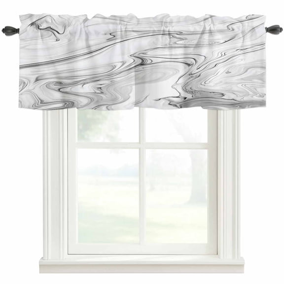 White Gray Marble Farmhouse Short Window Curtain Valances, Modern Minimalist Abstract Texture Rod Pocket Kitchen Valances for Living Room Bedroom Bathroom Cafe 42" x 12"