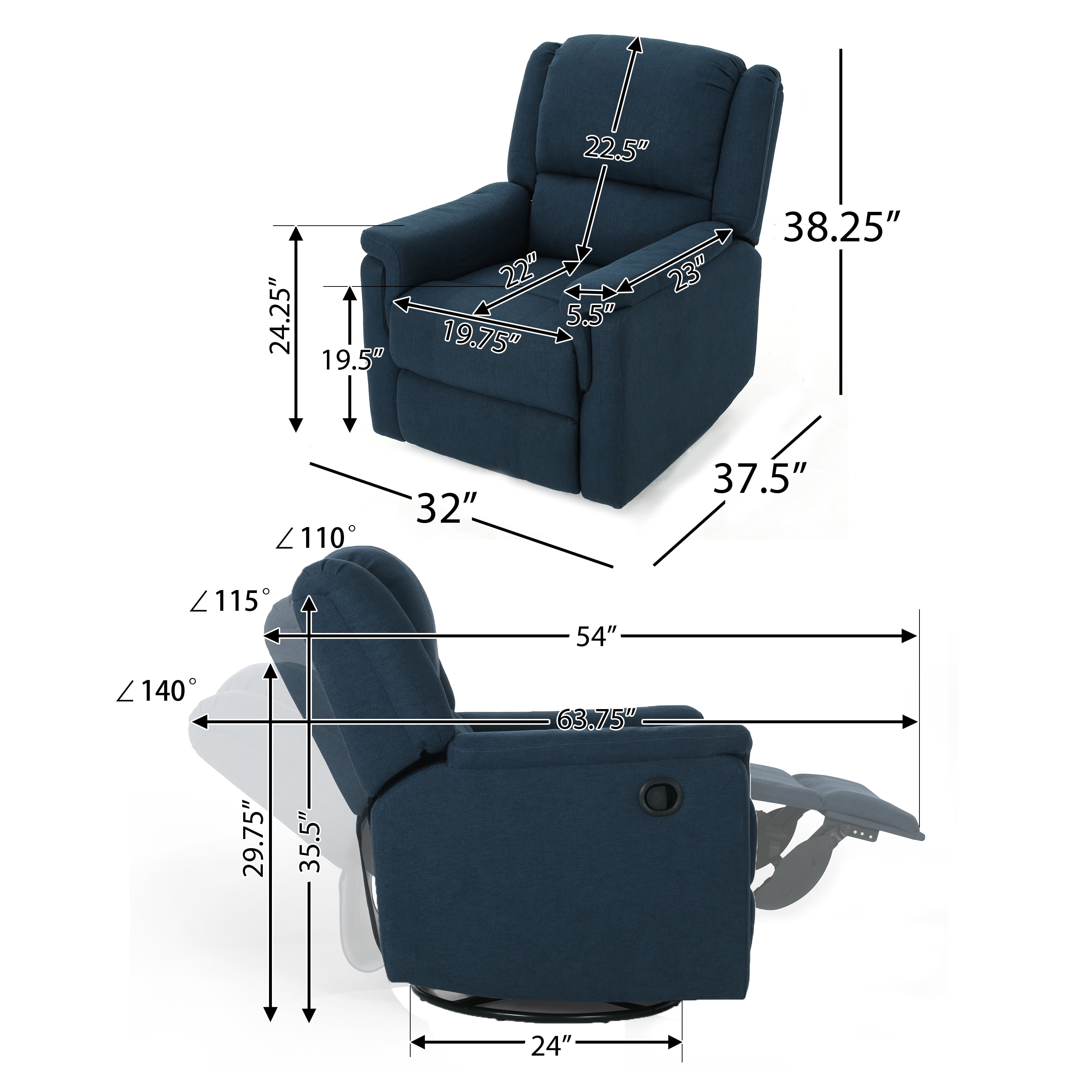 Free Shipping Noble House Pete Standard Fabric Tufted Swivel Glider Recliner Navy Blue Walmart