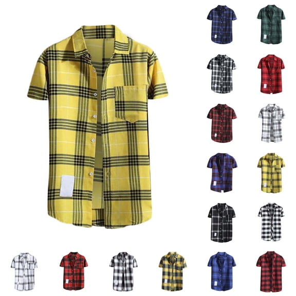 Mens Short Sleeve Button down Shirts Plaid Short Sleeve Shirt Soft Breathable Summer Regular Fit Lightweight Shirt Beige 4Xl