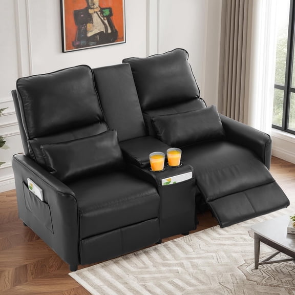 IPKIG 63" RV Loveseat Recliner Sofa, Manual Double Recliner with Storage Console & 2 Cup Holders for Home Theater Seating, PU Leather Black