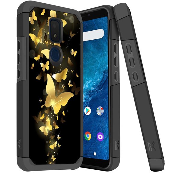 ANJ  Dual Layer Shockproof Hybrid Case   [Tempered Glass] Cover for Cricket Icon 3, Splendor, AT&T Motivate 2 - Golden Butterflies