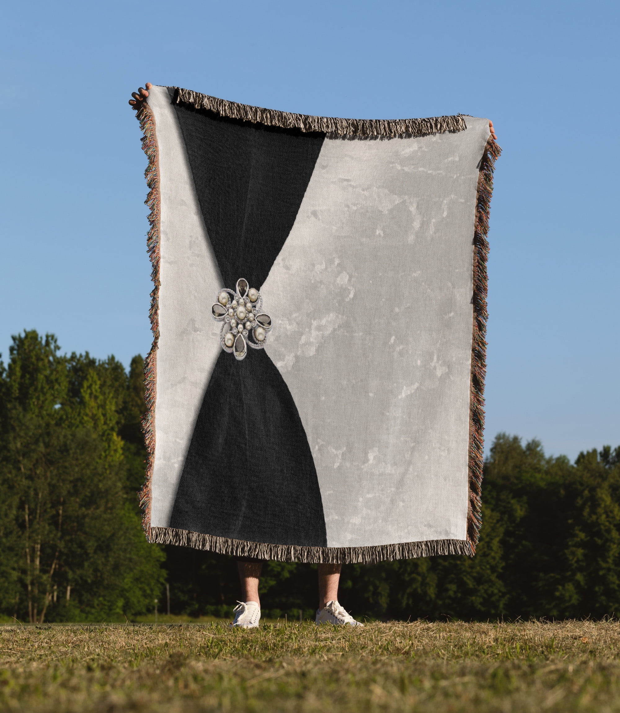 Black Satin Ribbon With Jewel On Silver, Woven Blanket