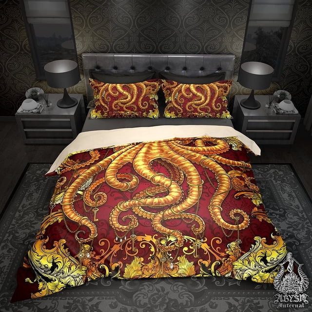 Gold Tentacles Bed Cover, Duvet or Comforter, Octopus Art, Alternative Bedding