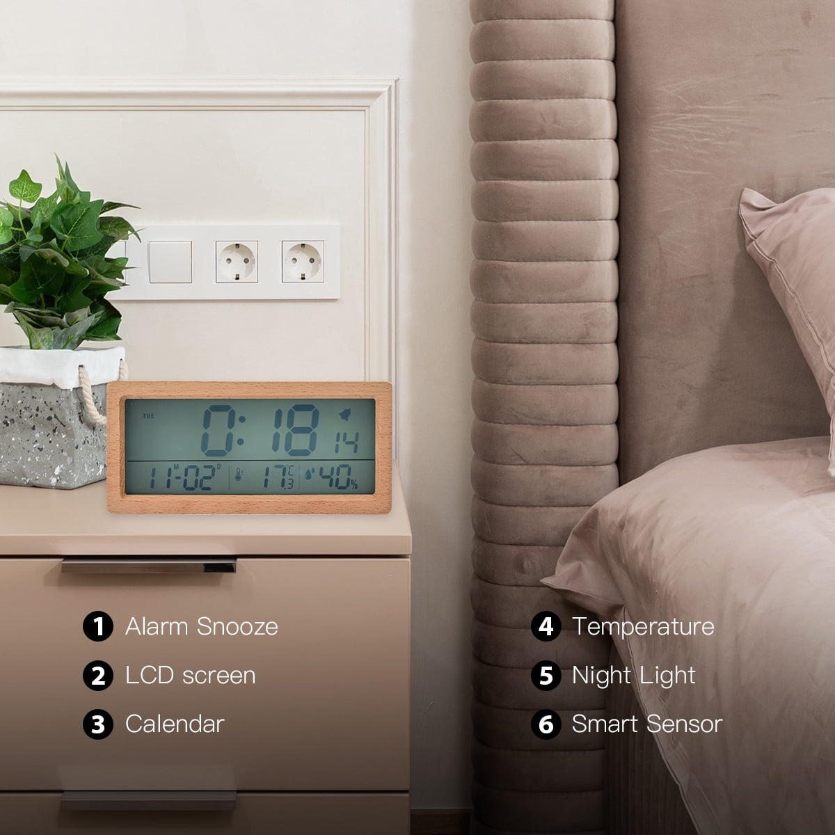 Electime Wooden Digital Alarm Clock with Calender, Temperature, Humidity and Snooze, Electric Clock for Home Bedroom, Battrey Powered, LCD Screen