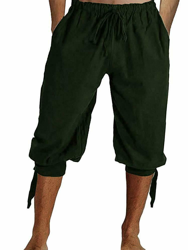 F_Gotal Men’s Casual Elastic Pant Calf-Length Cotton Linen Shorts Baggy Hare Loose Jogger Pants Trouser with Pockets 