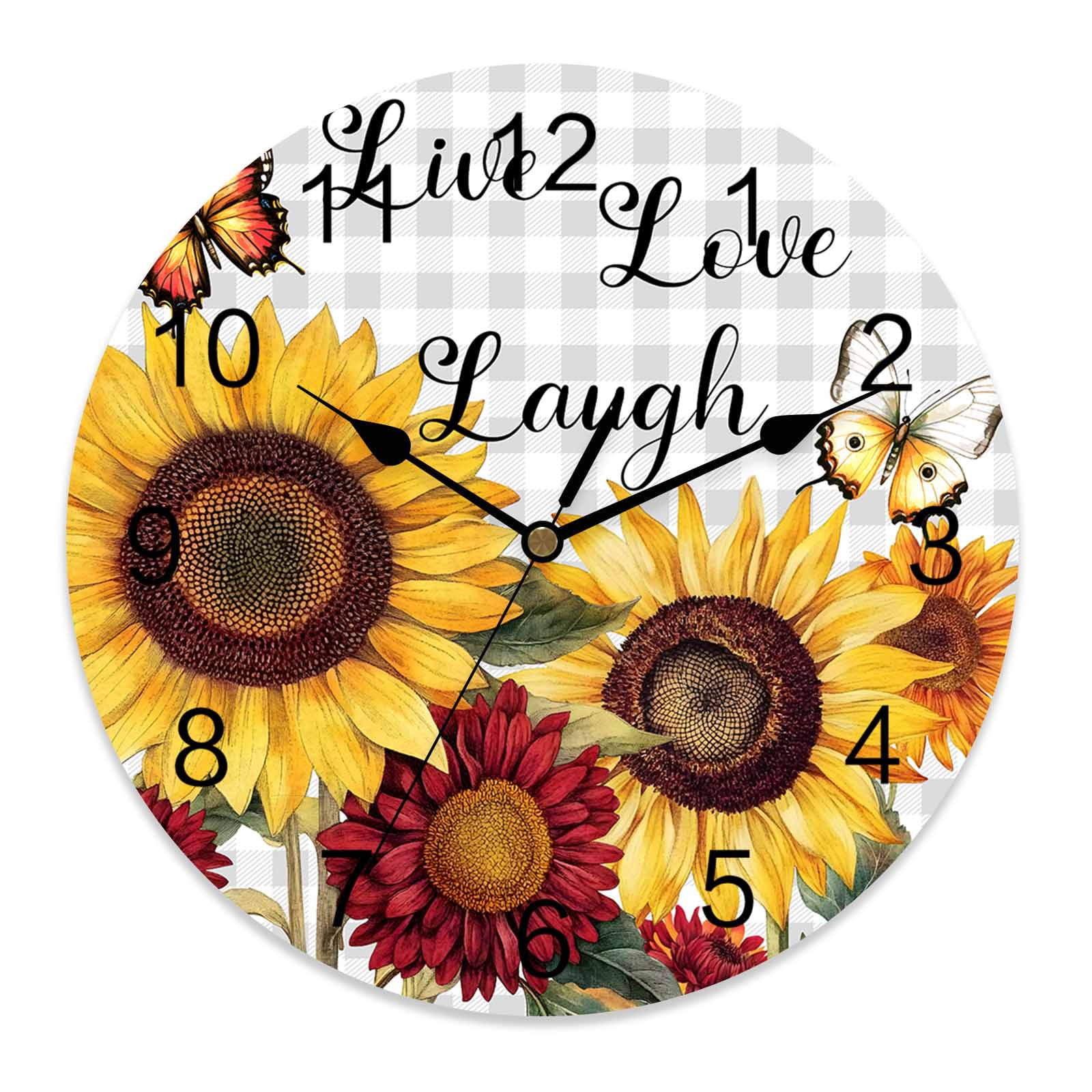 Wall Clock 10 Inch Butterfly Sunflower Round Silent Decorative Wall Clocks Battery Operated for Living Room Bedroom Kitchen Classroom Decor, Live Love Laugh Grey Plaid,Small