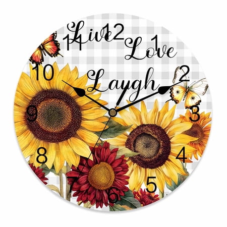 Wall Clock 10 Inch Butterfly Sunflower Round Silent Decorative Wall Clocks Battery Operated for Living Room Bedroom Kitchen Classroom Decor, Live Love Laugh Grey Plaid,Small