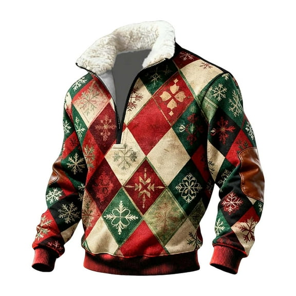 Telankuip Retro Christmas Plaid Sweatshirts for Men Half Zipper Fleece Sherpa Line Collar Winter Tops Plus Size V-Neck Long Sleeve Holiday Xmas Print Pullovers Khaki XL