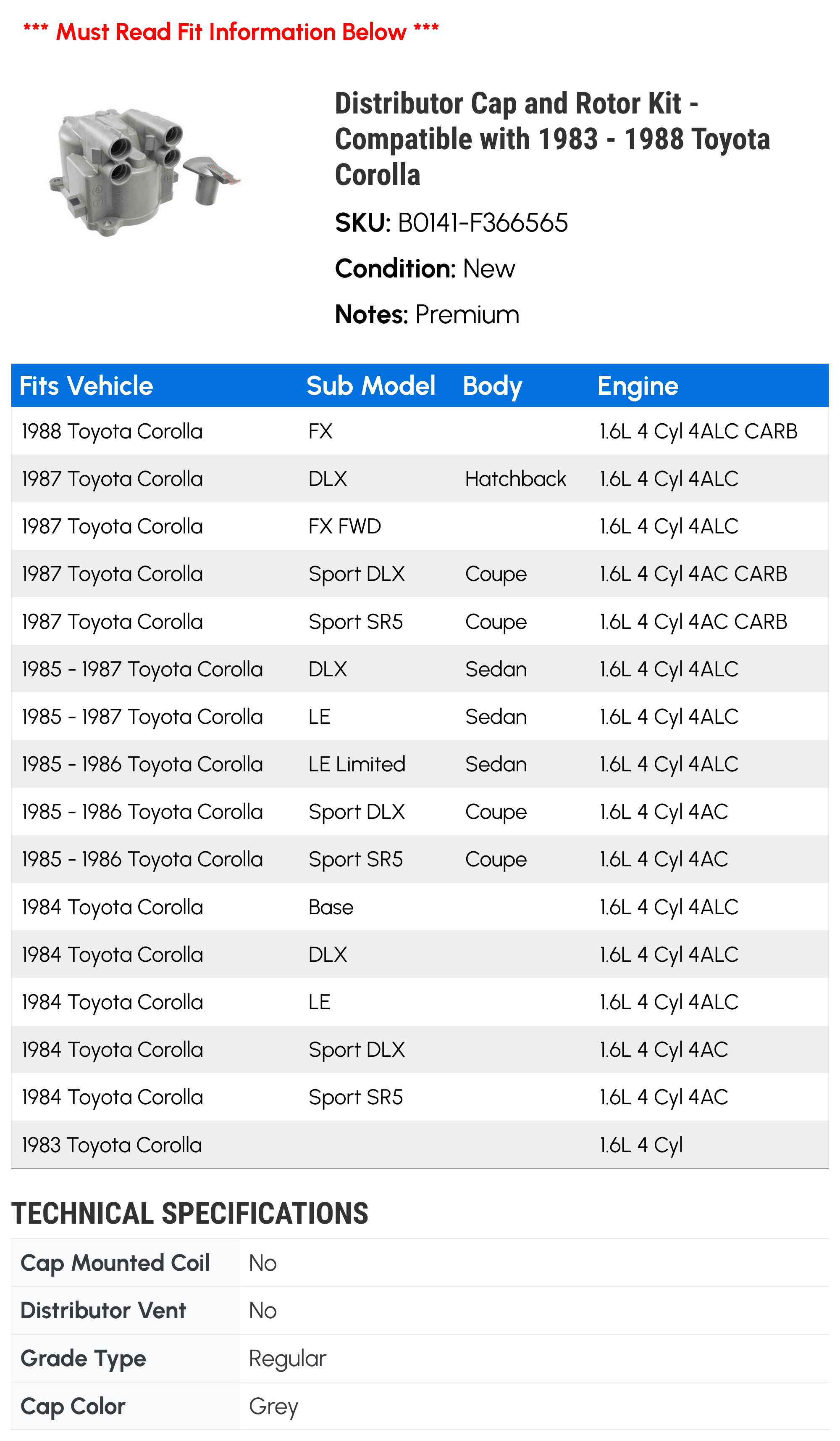 Distributor Cap and Rotor Kit - Compatible with 1983 - 1988 Toyota Corolla 1984 1985 1986 1987