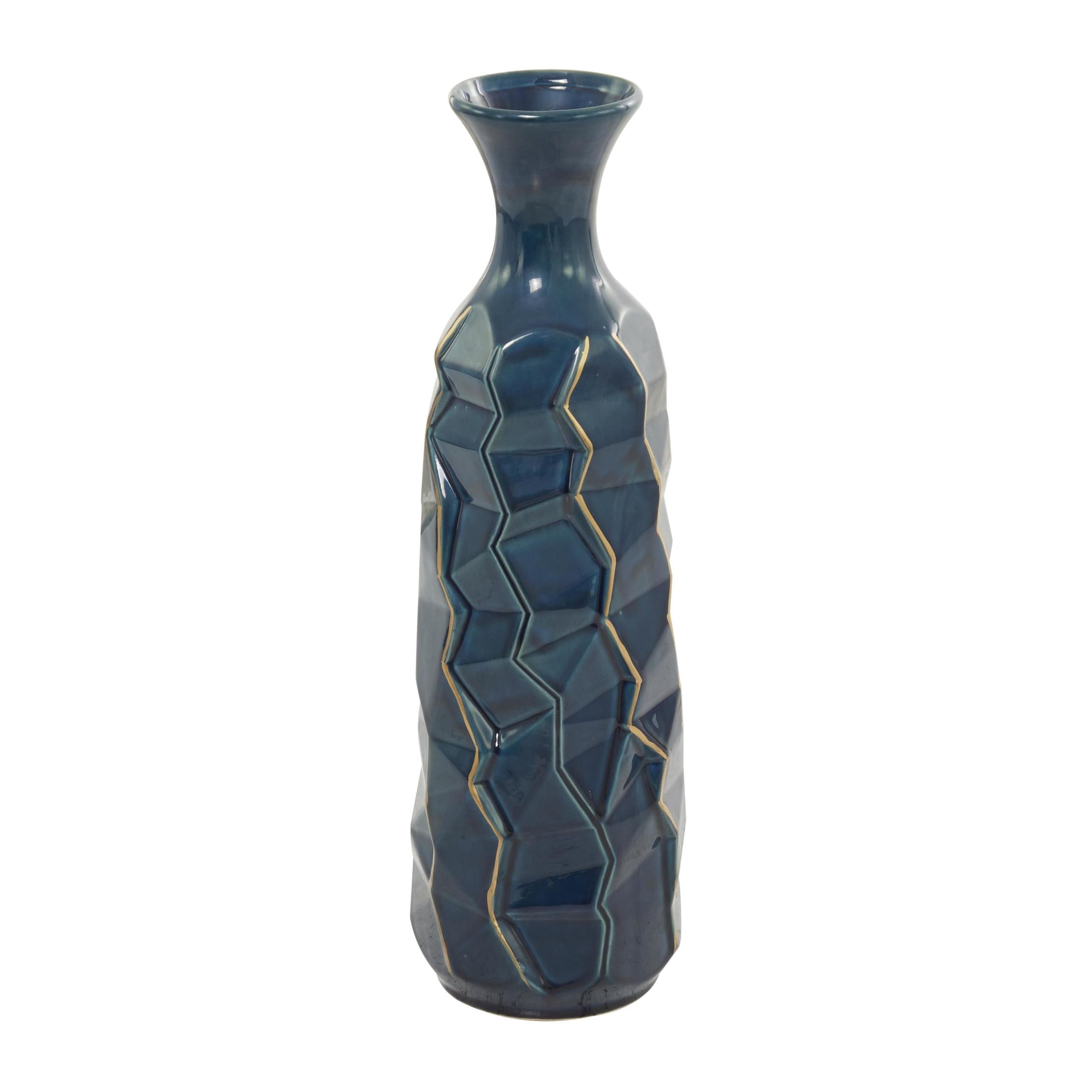 DecMode 21" Geometric Floor Teal Ceramic Vase with Gold Accents