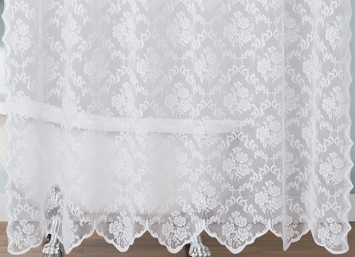 WARM HOME DESIGNS Luxury Lace Shower Curtain with Attached Valance and Elegant Tassels. MSH White 84
