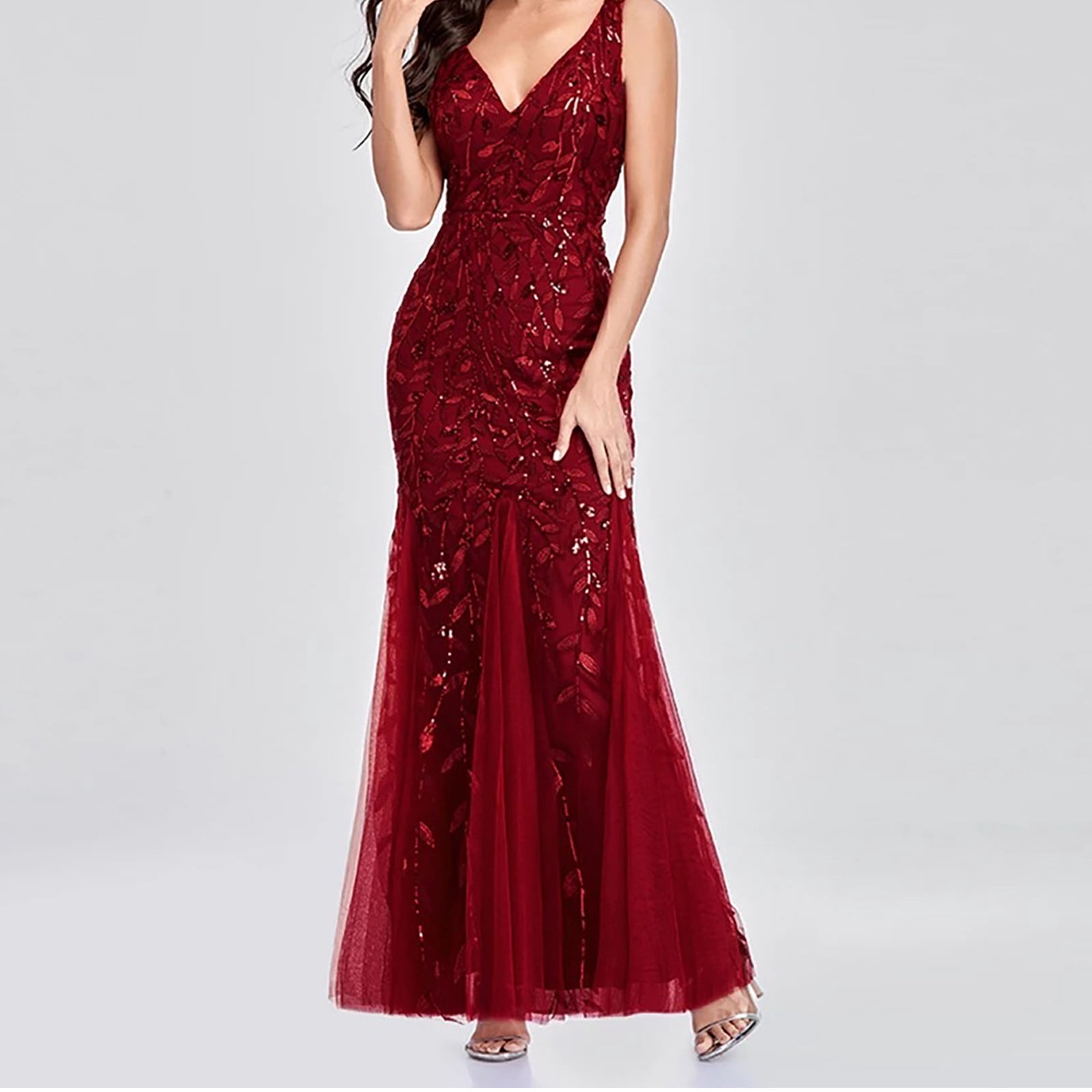 Womens Luxurious Sequins Formal Evening Dress Elegant Sleeveless Mermaid Tulle Floor Lenght Party Cocktail Dresses