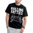 thumbnail image 1 of Camiseta con estampado de gato Rolling Fatties, cuello redondo de algodón, manga corta, corte regular, estampado geométrico, ideal para todas las estaciones, para hombre y mujer., 1 of 7