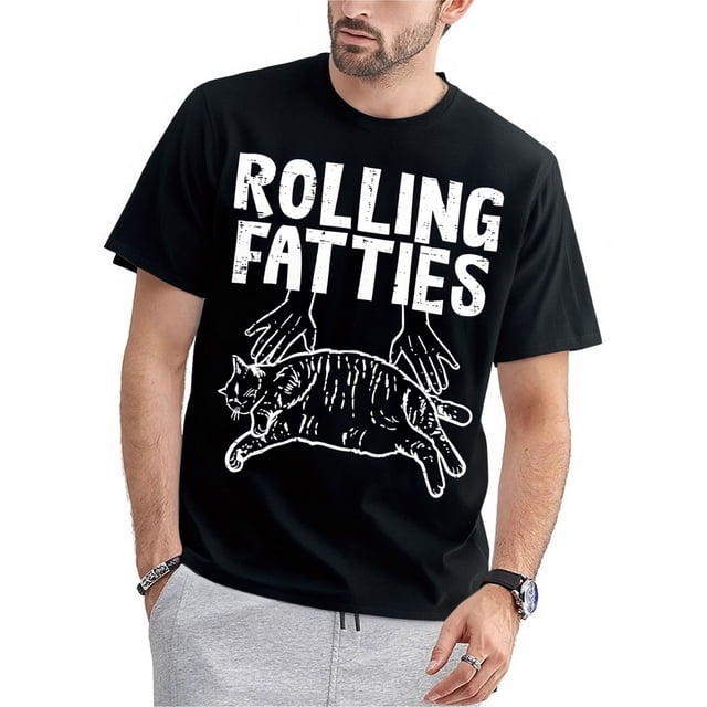Camiseta con estampado de gato Rolling Fatties, cuello redondo de algodón, manga corta, corte regular, estampado geométrico, ideal para todas las estaciones, para hombre y mujer.