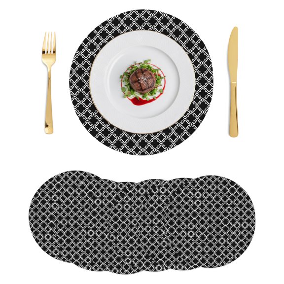 Round Placemats Black Moroccan Texture 15 inch Set of 6 Table Mats for Dining Table Classic Geometric Art Heat Resistant Non-Slip Kitchen & Home Decorative Place Mat Set