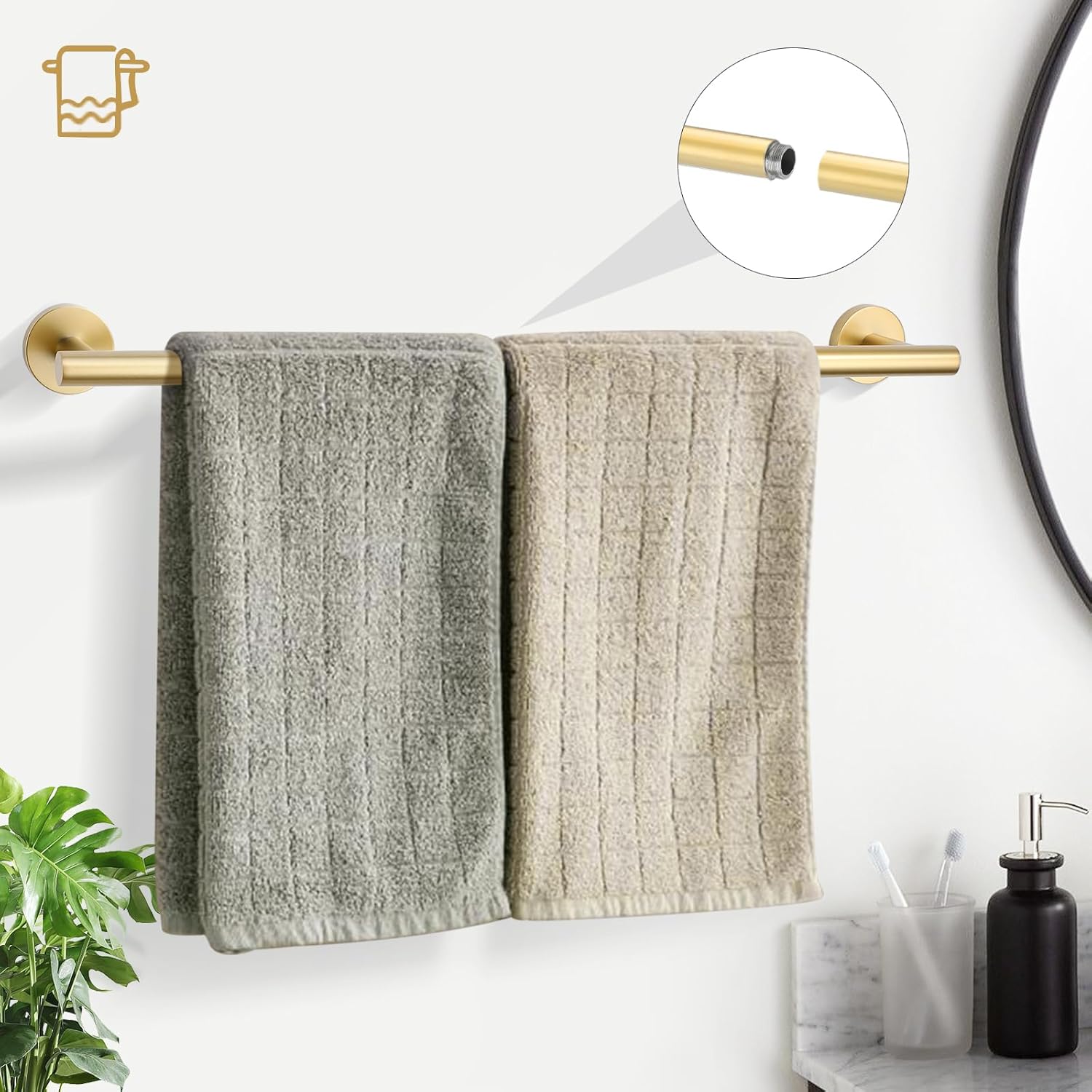 Brushed Gold 5 Piece Bathroom Hardware Set, SUS304 Stainless Steel 24 Inch Bath Towel Bar Set, Round Bathroom Accessories Kit Wall Mounted