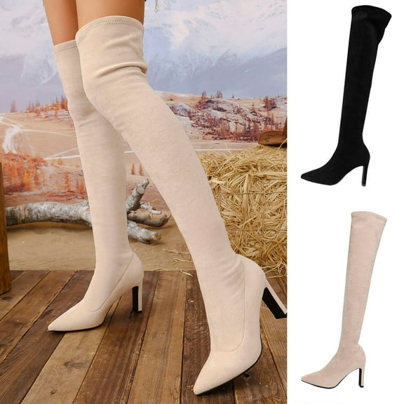 Rain Boots Women TKYCMSUAKI Women Stretch Suede Chunky Heel Over The Knee Boots Thigh High for Women Long Sexy Pointed Toe Boots