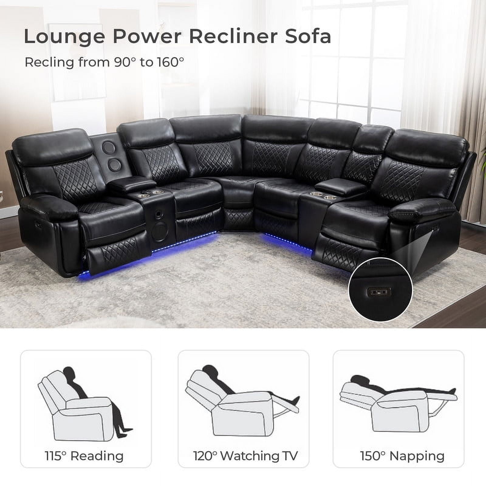 Comfort Stretch 5 Seats Power Recliner Sofa Sets with Speaker,Black Faux Leather Reclining Sectional Couch for Living Room Furniture Sets with USB Port,Storage Console,Cup Holders,LED Lights