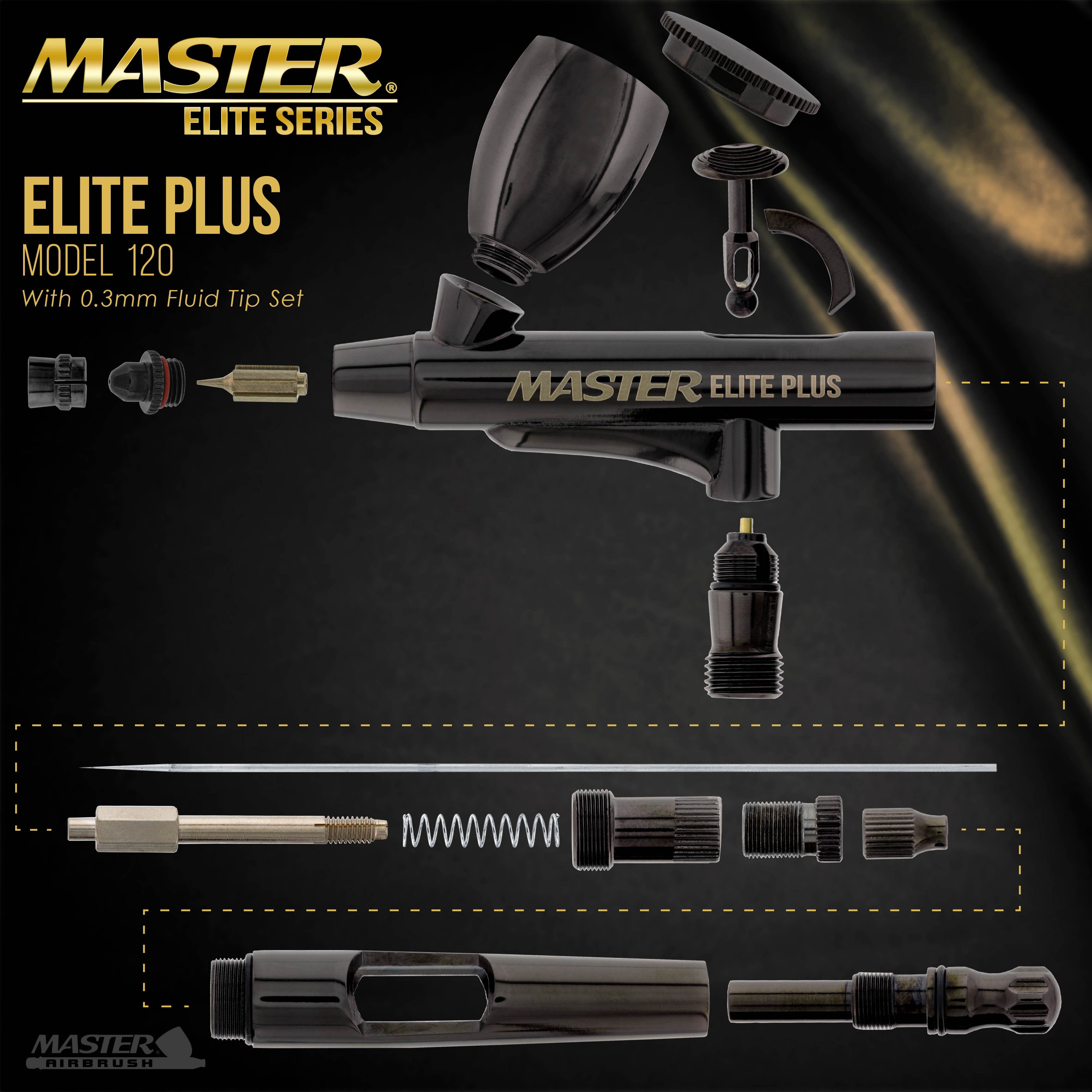 Master Elite Plus Airbrush Set, Model 120 - Elite Level Spray Performance Dual-Action Gravity Feed Airbrush Kit with Case, 0.3mm Tip, 2 Cups, Filter - Auto-Graphics, Art, Cake, Tattoo