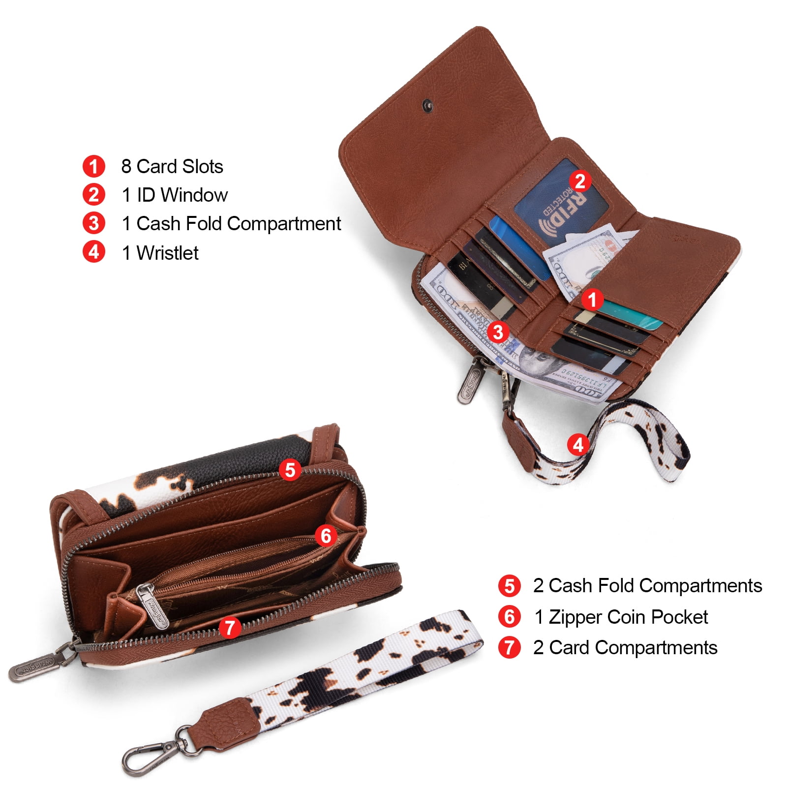 Wrangler Wallet Purse for Women Minimalist Wristlet Wallet with RFID Blocking Credit Card Holder, Cow Brown