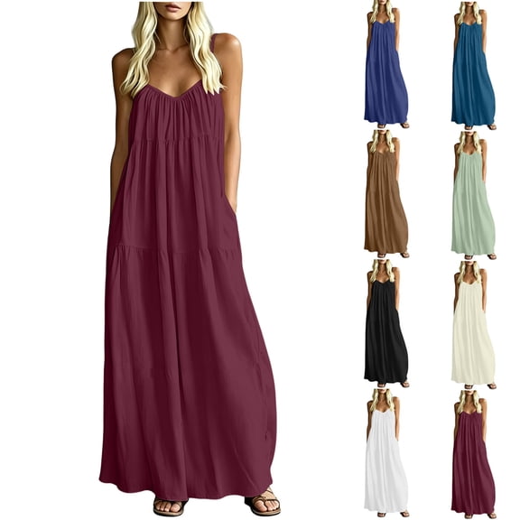 VBVC Women's Cotton Linen Spaghetti Strap Maxi Dress , Summer Casual Long Dress For Women , Ladies' Loose Fit Beach Vacation Dress with Pockets,Beige,S-2XL