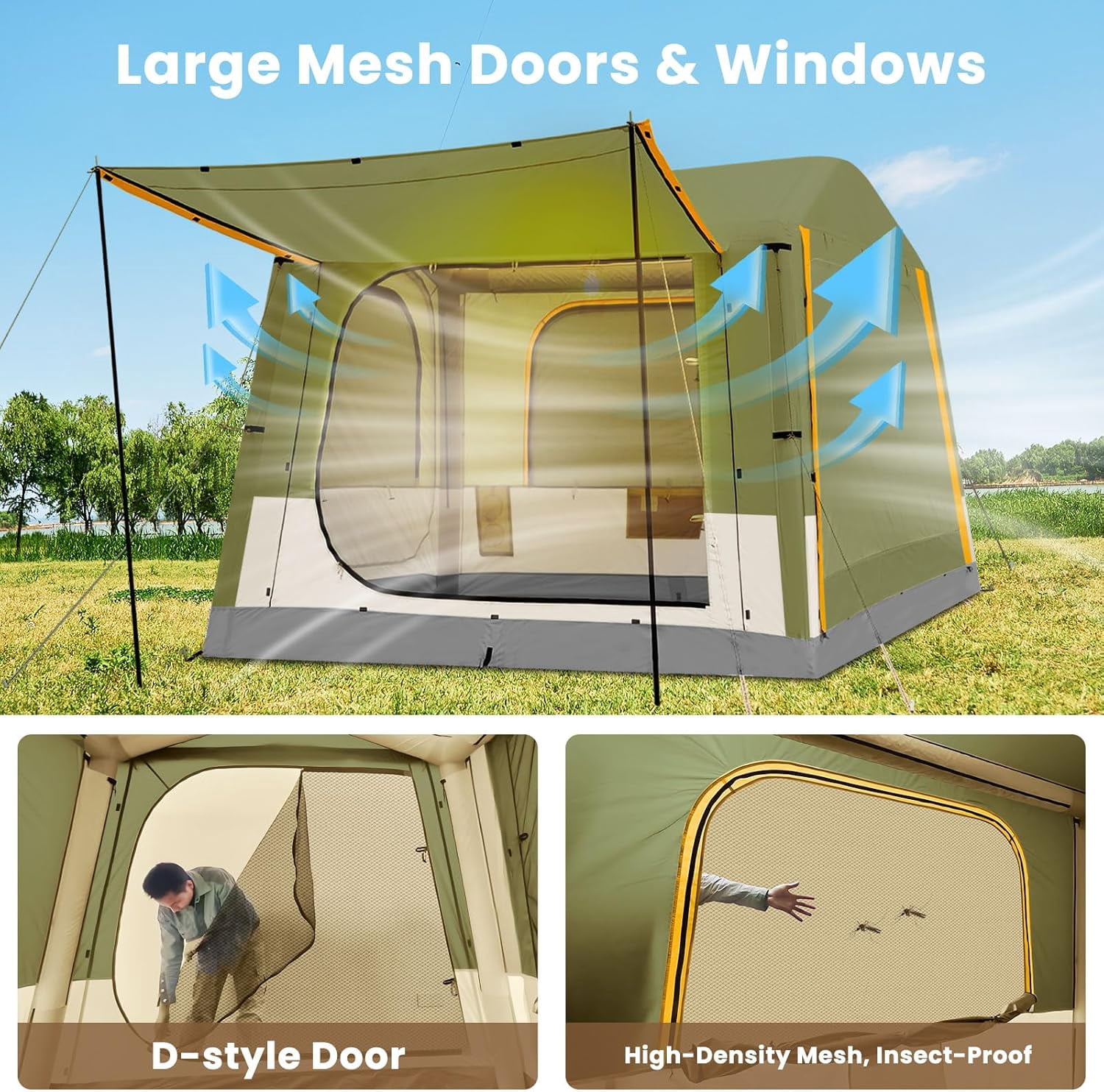 Slsy Inflatable Tent with Pump, Inflatable Tent for Camping 4~6 People Large Blow Up Air Tents House, Waterproof Luxury Glamping Tent with Mesh & Stove Jack