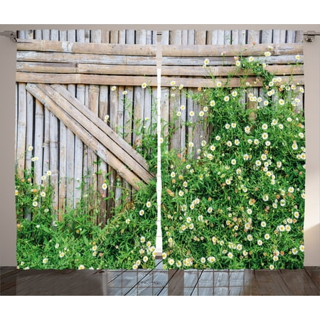 Dark Brown Bamboo - Farm House Decor Curtains 2 Panels Set, Bamboo Fence Covered by Ivy Daisy Flower Blooms Chamomile Petals Picture, Window Drapes for Living Room Bedroom, 108W X 84L Inches, Green Brown, by Ambesonne