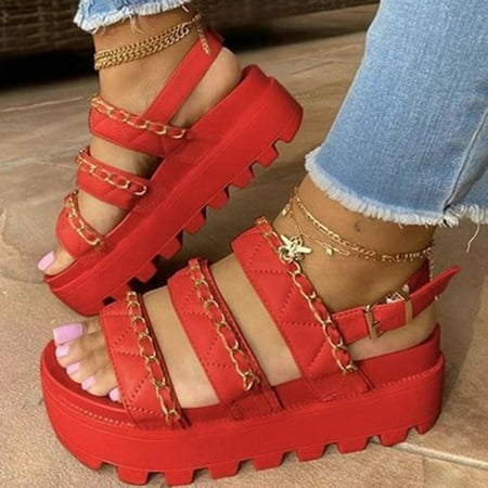 

HIMIWAY Birkenstock Sandals Women Women s Large Size Thick Bottom Zip Muffin Heel Casual Open Toe Sandals Red 38