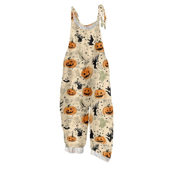Women's Halloween Overalls Sleeveless Loose Wide Leg with Self Tie Shoulder Straps Vintage Style Jumpsuit for Fall Outings and Daily Wear Complexion L