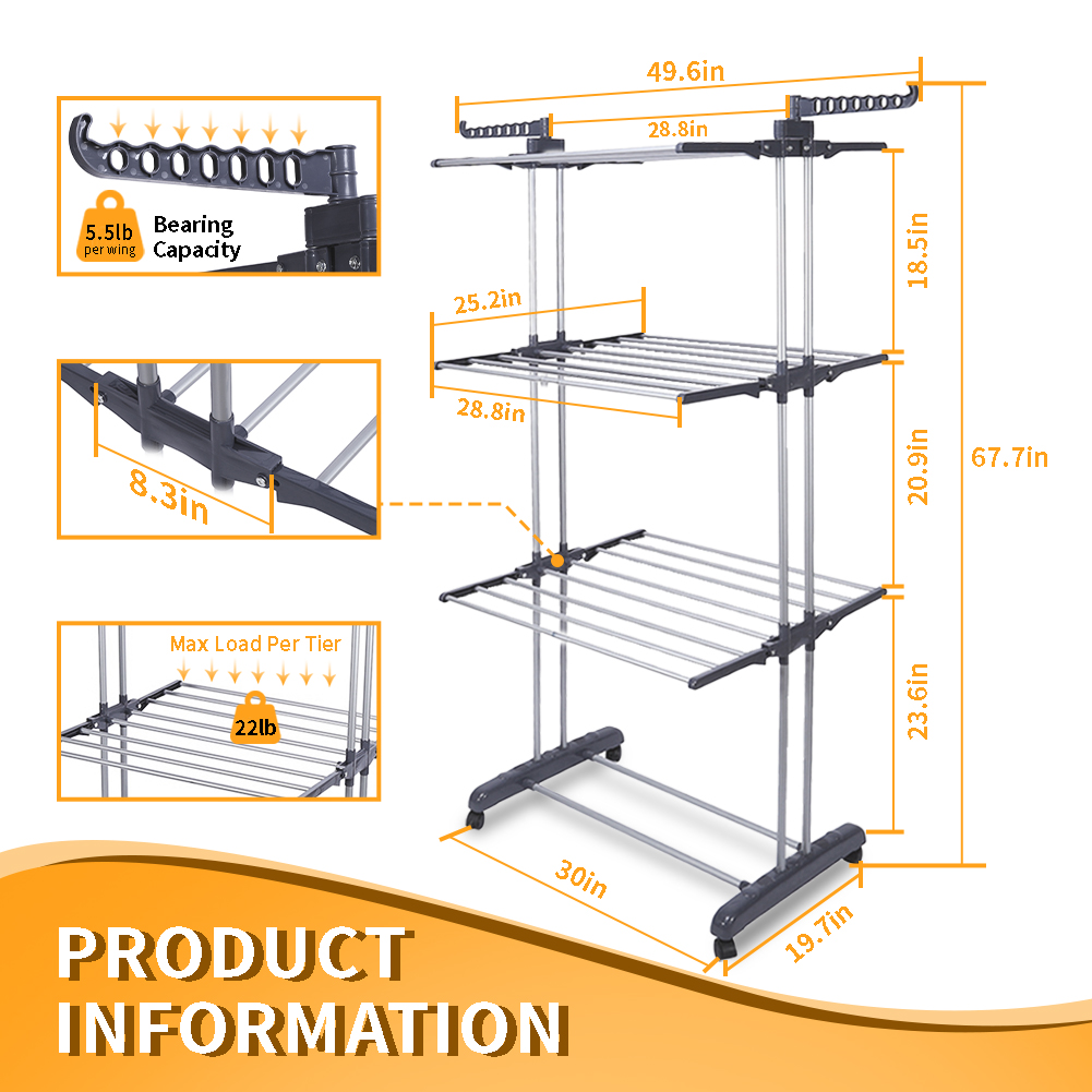 4-Tier Clothes Drying Rack w/ Casters,  Clothes Dryer Hanger Stainless Steel Garment Laundry Racks Movable with Foldable  Indoor Outdoor Bedroom Balcony