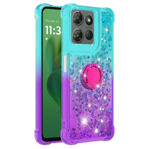 Phone Case for MOTO G Play 5G 2025/G Power 5G 2025 with Ring Kickstand, Cute Glitter Bling Sparkle Quicksand Flowing Liquid Clear Gel Silicone ShockProof Cover Girls-B1
