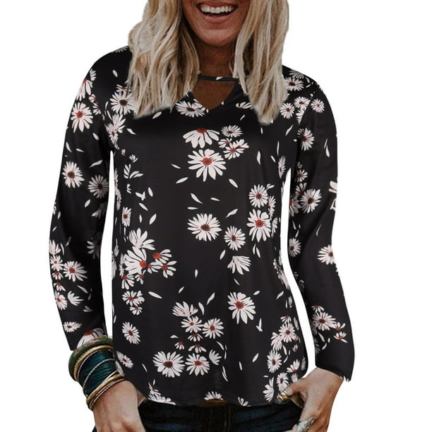 Blusa superior informal con estampado de flores y cuello redondo de manga larga a la moda sexy para mujer Pompotops FGAJ5542