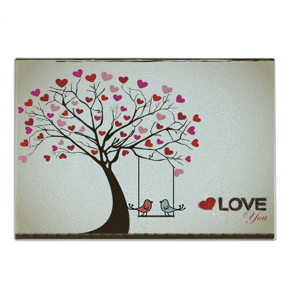 Love Cutting Board, Heart Leaves on Tree with Birds in Love on a Swing Cartoon for Valentines Day, Decorative Tempered Glass Cutting and Serving Board, Small Size, Multicolor, by Ambesonne