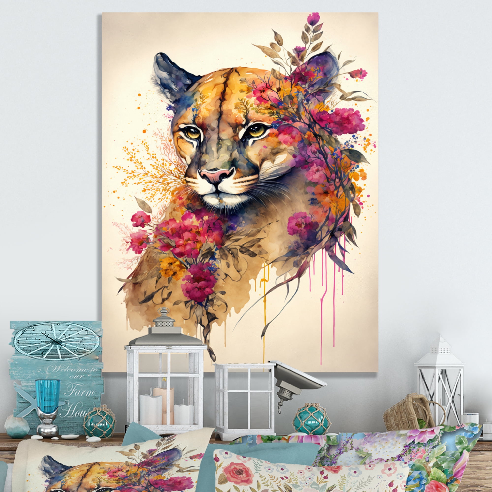 Designart Cute Puma Floral Art II Canvas Wall Art