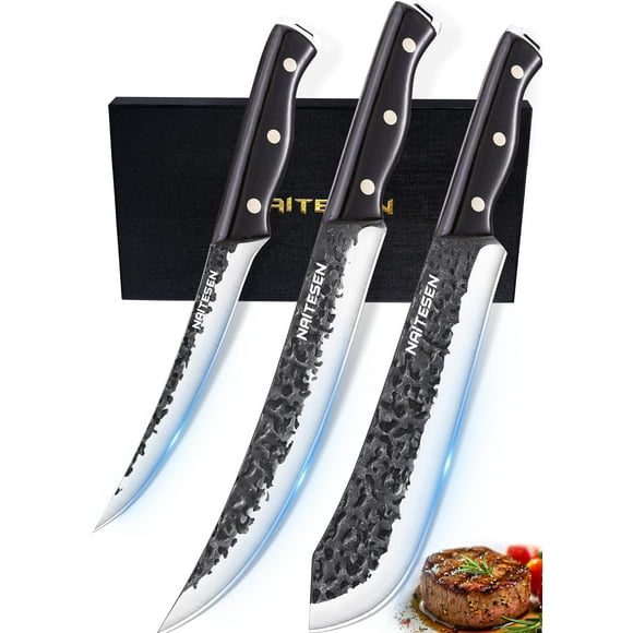 Naitesen Ensemble de Couteaux de Boucher Professionnel 3, Couteau à Découper la Viande en Bouleau Couteau à Désosser Forgé à la Main Très Tranchant pour Couper la Viande Cuisine Maison BBQ Cadeaux pour Hommes Femmes