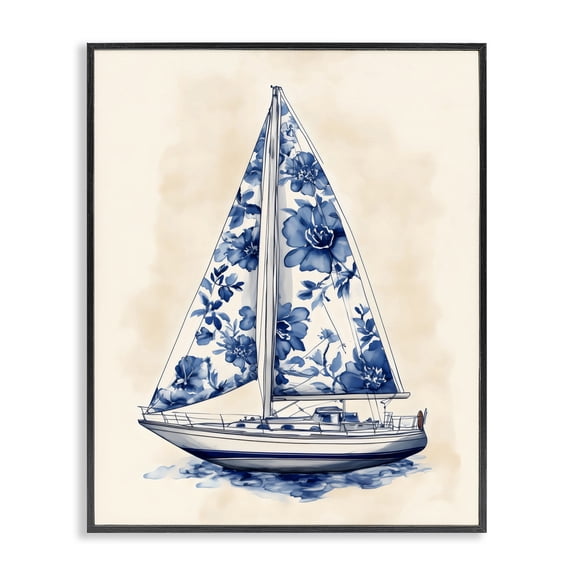 Stupell Industries French Country Blue Floral Sailboat Black Framed Giclee Art, 11 x 14, by Arlington Prints