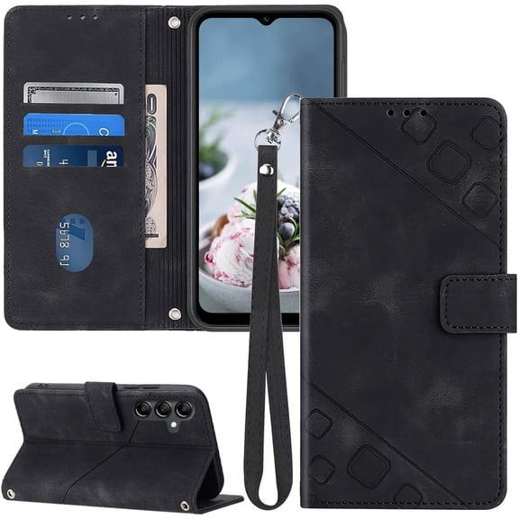 A14 5G Case Wallet,for Galaxy A14 5G Phone Case,[Card Holder Slots][Wrist Strap][Kickstand] TPU Interior Protective PU Leather Embossing Flip Cases Cover for Samsung Galaxy A14 5G (Black)