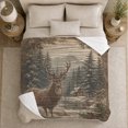thumbnail image 5 of Winter Stag in Snowy Pine Forest with Cabin and Holly Berries, Rustic Wildlife Scene, Evergreen Border Motif Warm Flannel Blanket, Christmas Gift for Cabin Home Decor, 5 of 9