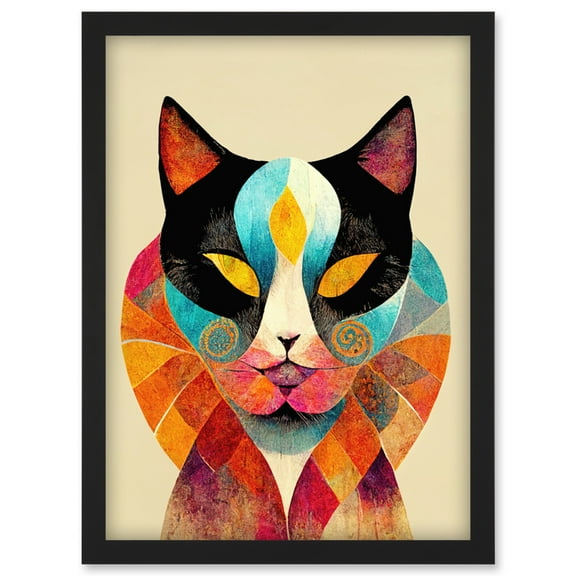 Colourful Boho Abstract Cat Illustration Artwork Framed Wall Art Print A4