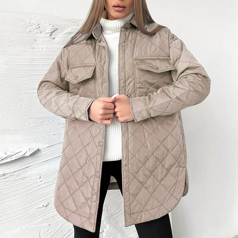Tuphregyow Women Packable Puffer Jacket Trendy Solid Winter Warm Puffy  Jacket Soft with Stand Collar Lightweight Quilted Jacket Long Sleeve Khaki  XL 