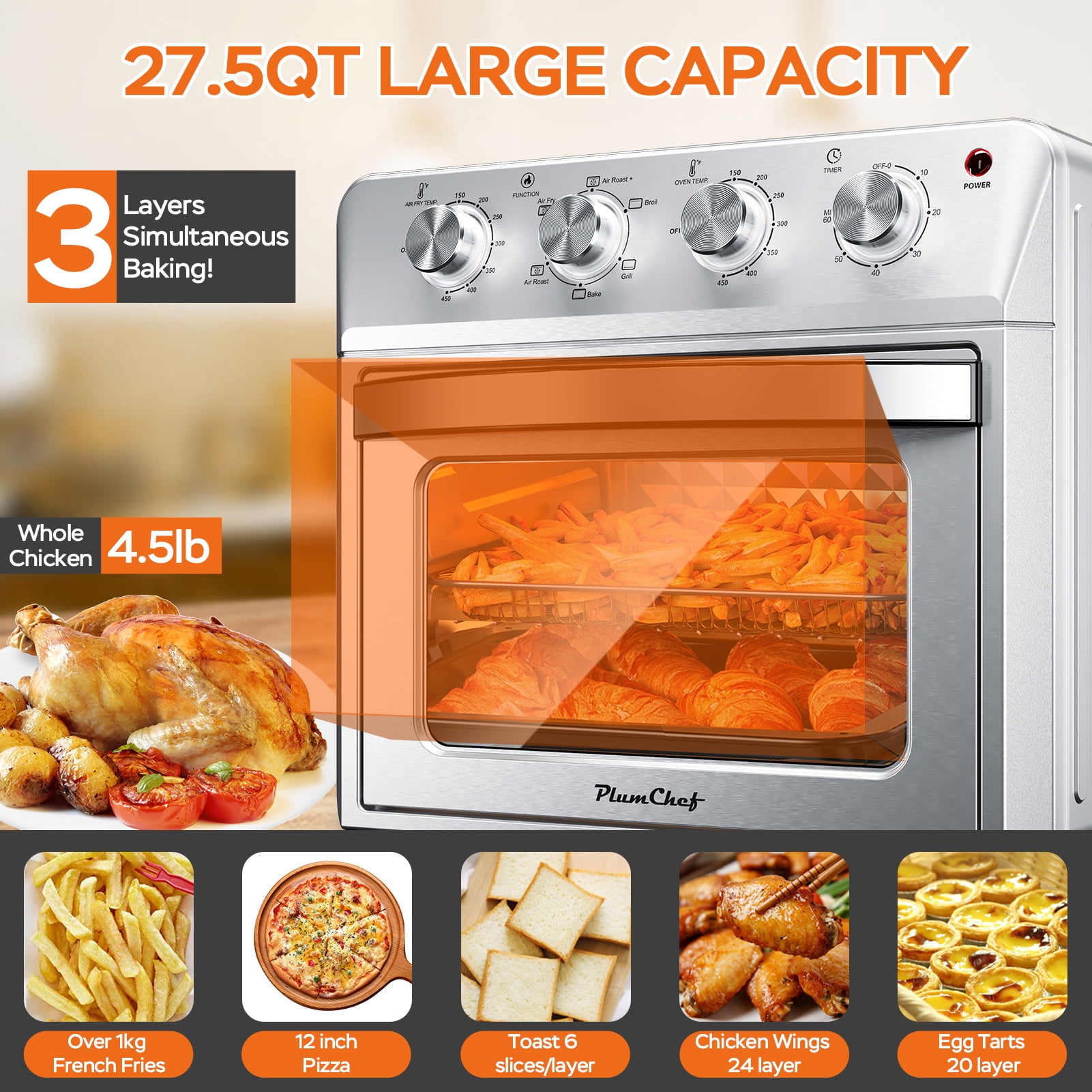Plum Chef 27.5QT Air Fryer, 6-in-1 Extra Large Air Fryer Toaster Oven with 7 Presets for Roasting, Baking & Frying, Accessories Included, Stainless Steel Finish, Silver