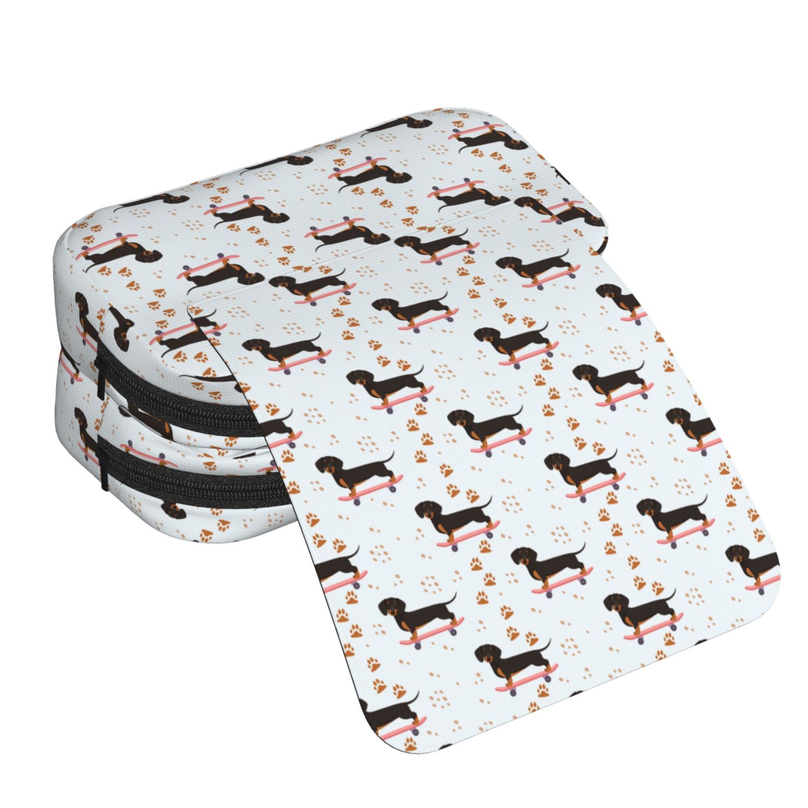 Rateoe Dachshund On A Skateboard Pattern Double Clamshell Pen Case, Storage Organizer with Two Zipper Compartments– Holds Up to 50 Pencils & Pens