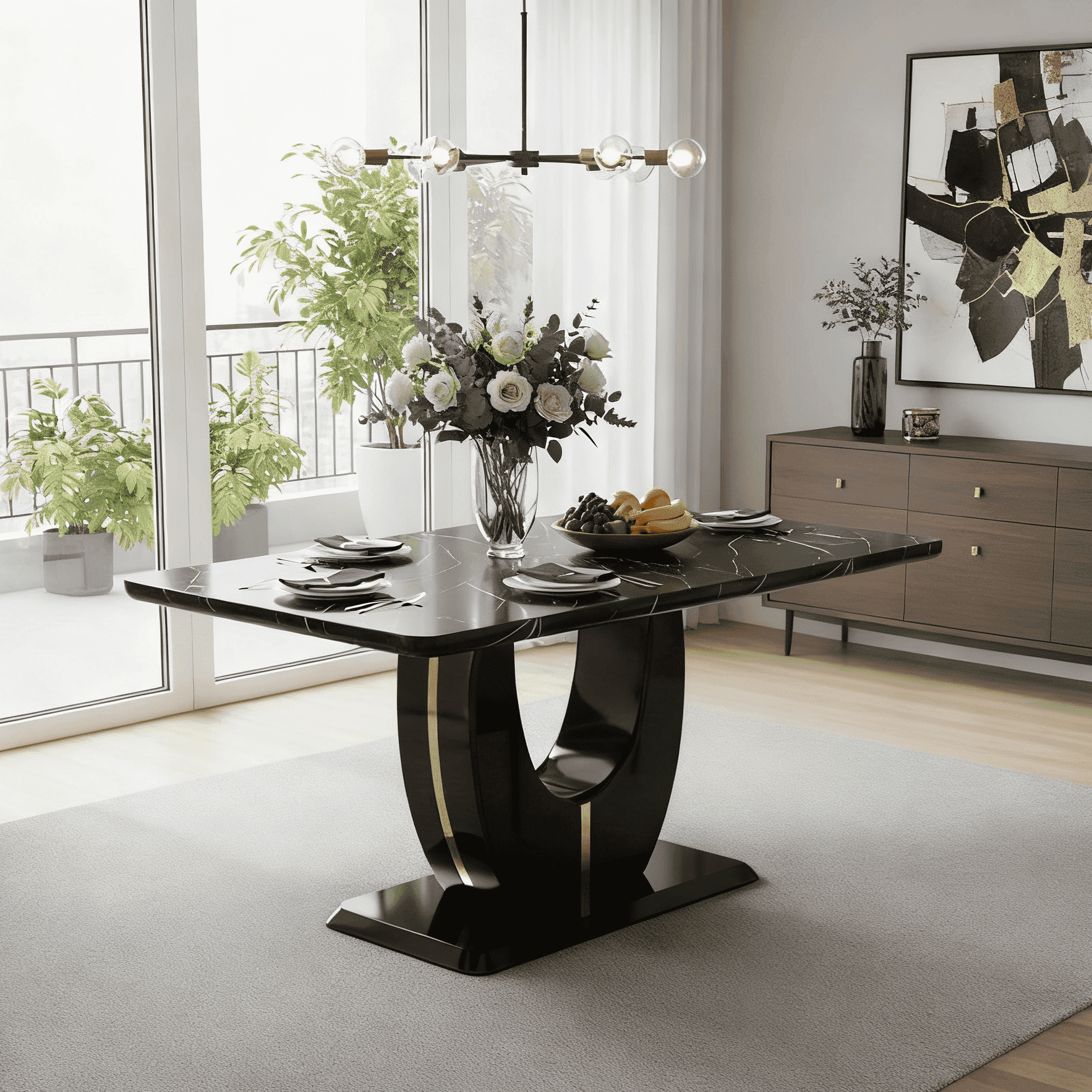 JUFU Modern Dining Table for 6 , 63'' Faux Marble Table with MDF Marble Tabletop, Easy Assembly Kitchen and Dining Room Table with Durable Frame, Scratch and Heat Resistant, Ideal for Dining Room