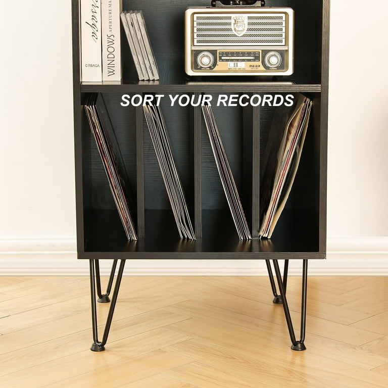 2-Tier Vinyl Record Storage Rack, Curved Black Metal Display Stand with  Dividers