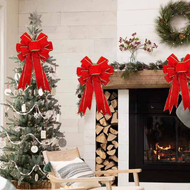 Adornos navideños, 2 lazos rojos grandes para la punta del árbol de Navidad, lazo rojo con luces integradas para corona, ideales para otoño, Halloween, Acción de Gracias y Navidad. Lazos de nailon.