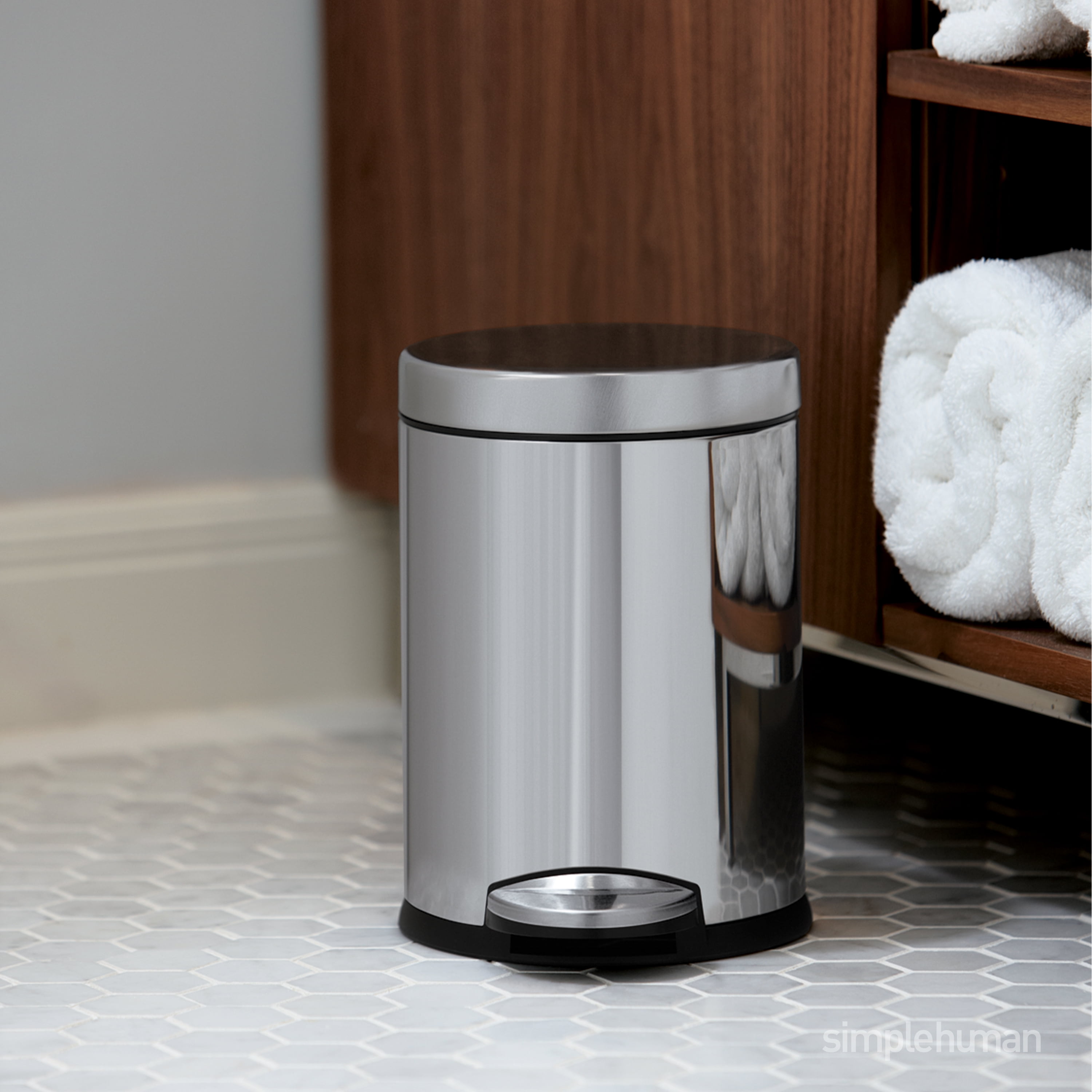 simplehuman Bathroom Trash Can, 1.2 Gallon Step Garbage Bin with Soft Close Lid, Polished Stainless Steel