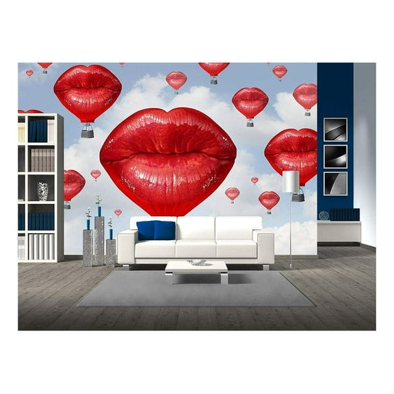 wall26 - Love Balloons as a Hot Air Balloon Made of Human Red Lips Soaring Up to The Blue Sky - Removable Wall Mural | Self-Adhesive Large Wallpaper - 66x96 inches