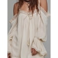 thumbnail image 2 of Women's Apricot Off Shoulder Mini Dress Lace Trim Puff Sleeve Dress with Bust Tassel Tie, 2 of 3